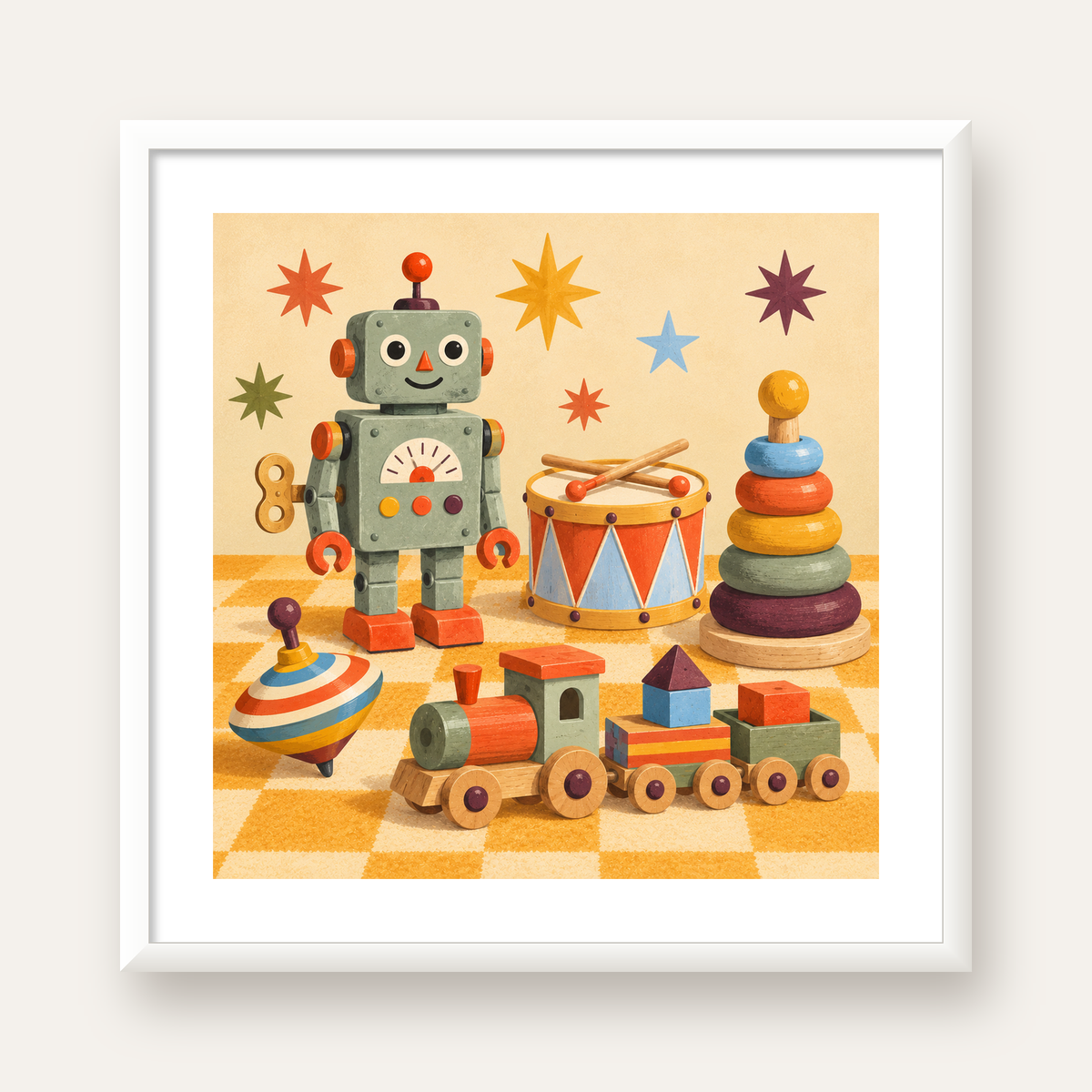 Retro Oyuncak Geçidi Çocuk Odası Posteri — beyaz çerçeveli kare poster