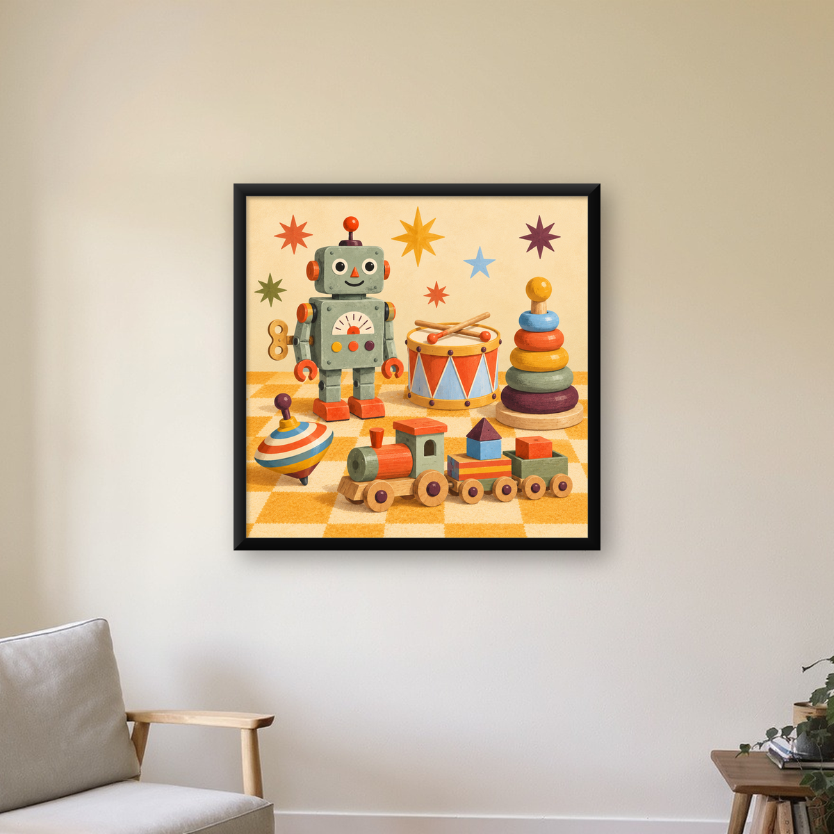 Nostaljik Uzay Temalı Oyuncaklar Dijital Poster — Kare baskı, çerçeveli hâliyle bir ev duvarında