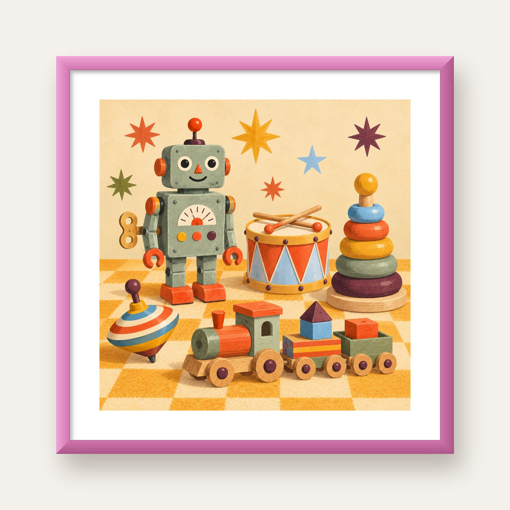 Retro Oyuncak Geçidi Çocuk Odası Posteri — pembe çerçeveli paspartulu