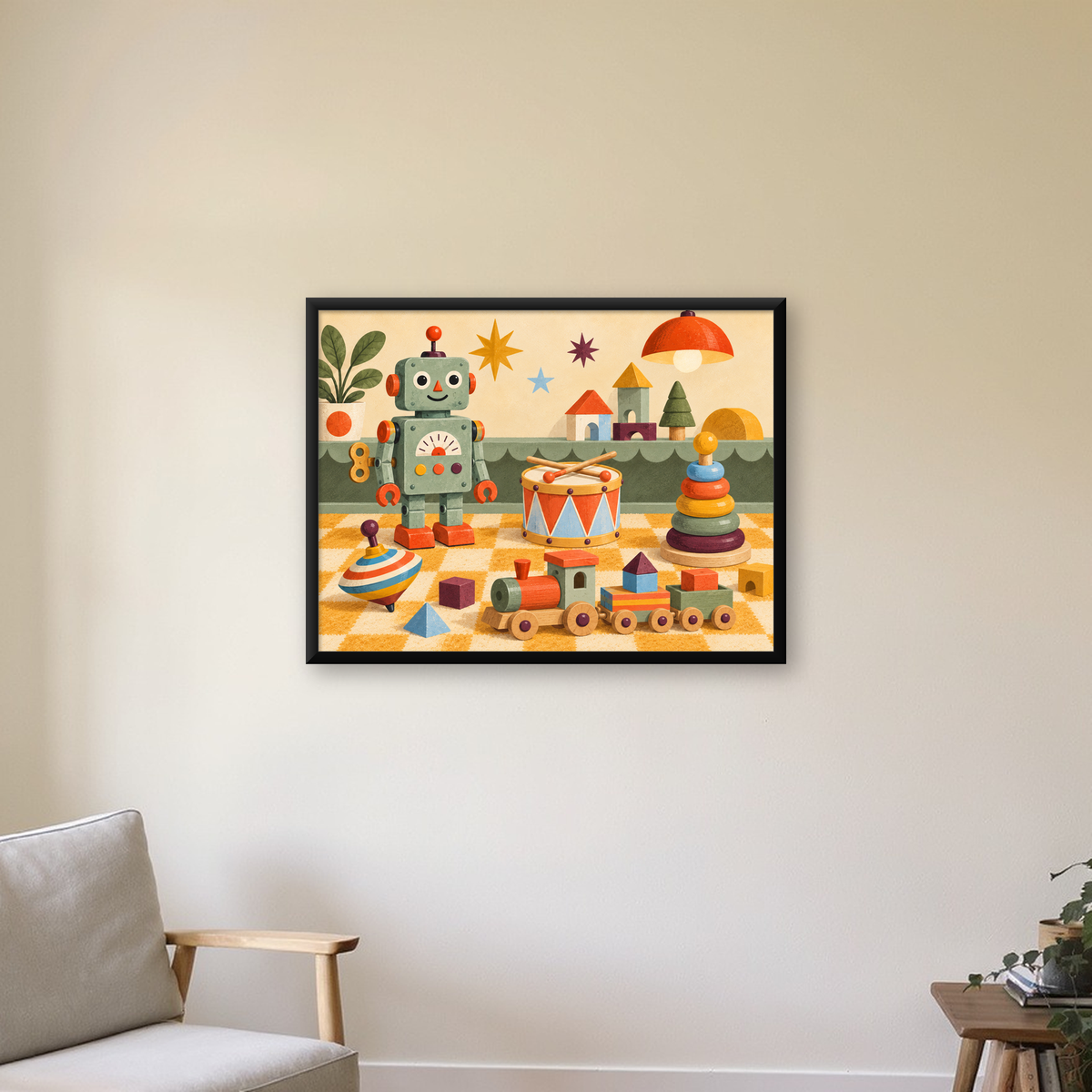 Nostaljik Uzay Temalı Oyuncaklar Dijital Poster — Yatay baskı, çerçeveli hâliyle bir ev duvarında