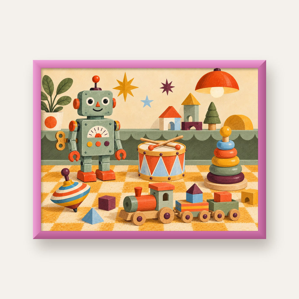 Retro Oyuncak Geçidi Çocuk Odası Posteri — pembe çerçeveli