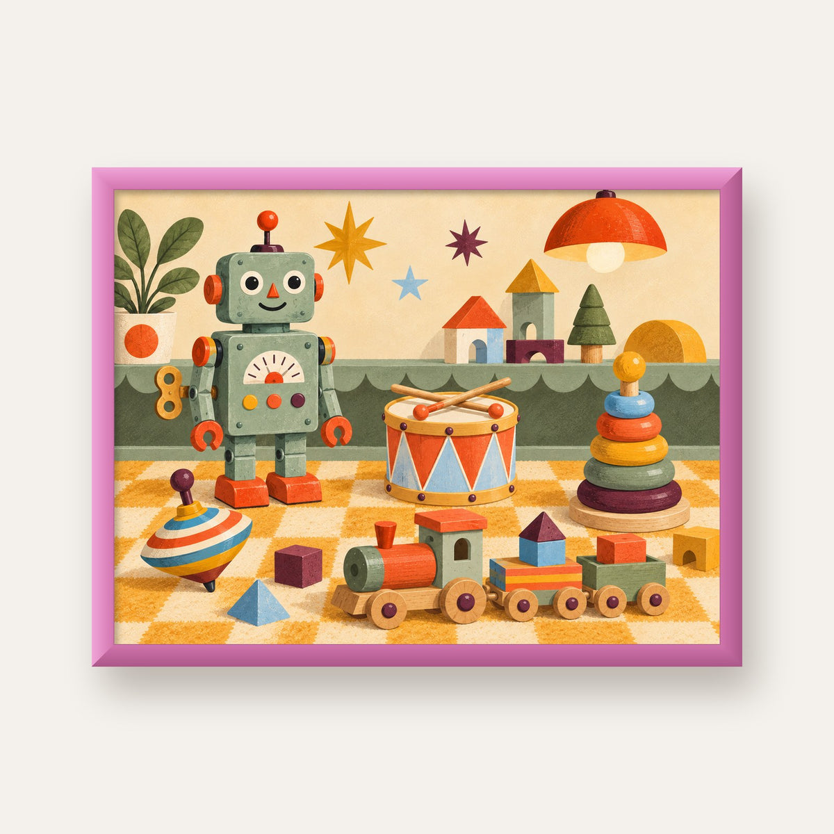 Retro Oyuncak Geçidi Çocuk Odası Posteri — pembe çerçeveli