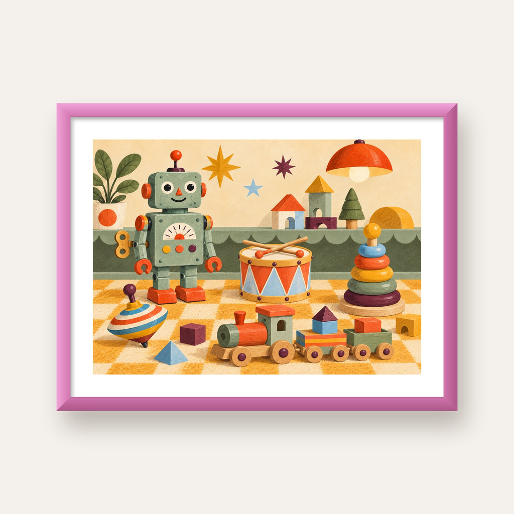 Retro Oyuncak Geçidi Çocuk Odası Posteri — pembe çerçeveli paspartulu