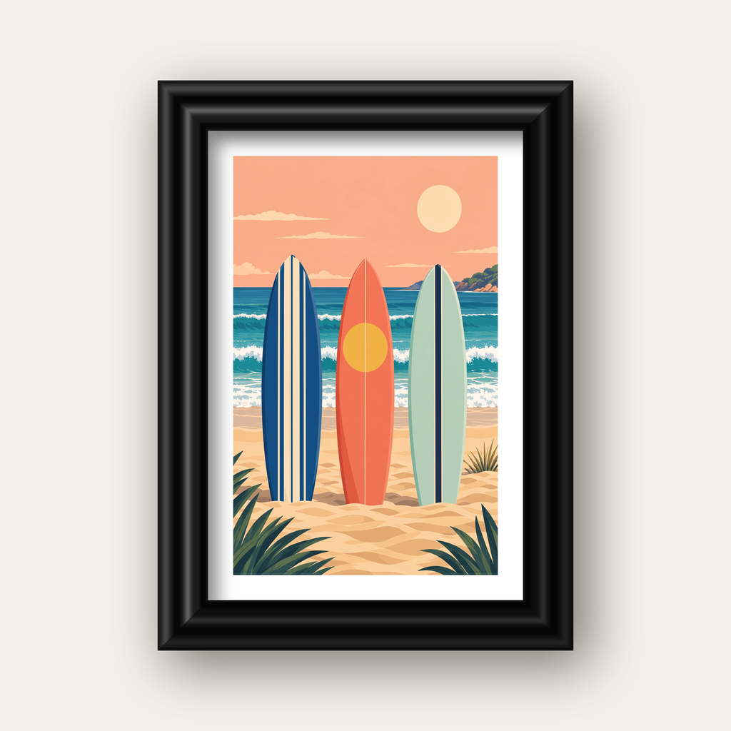 Retro Sörf Tahtaları ve Plaj Dijital Poster Baskı — siyah galeri çerçeveli paspartulu