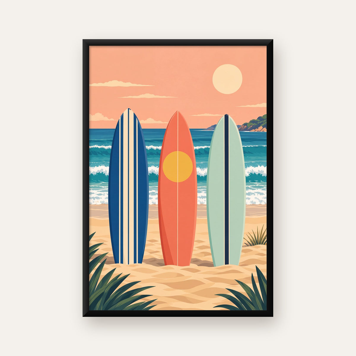 Retro Sörf Tahtaları ve Plaj Dijital Poster Baskı — ceviz çerçeveli