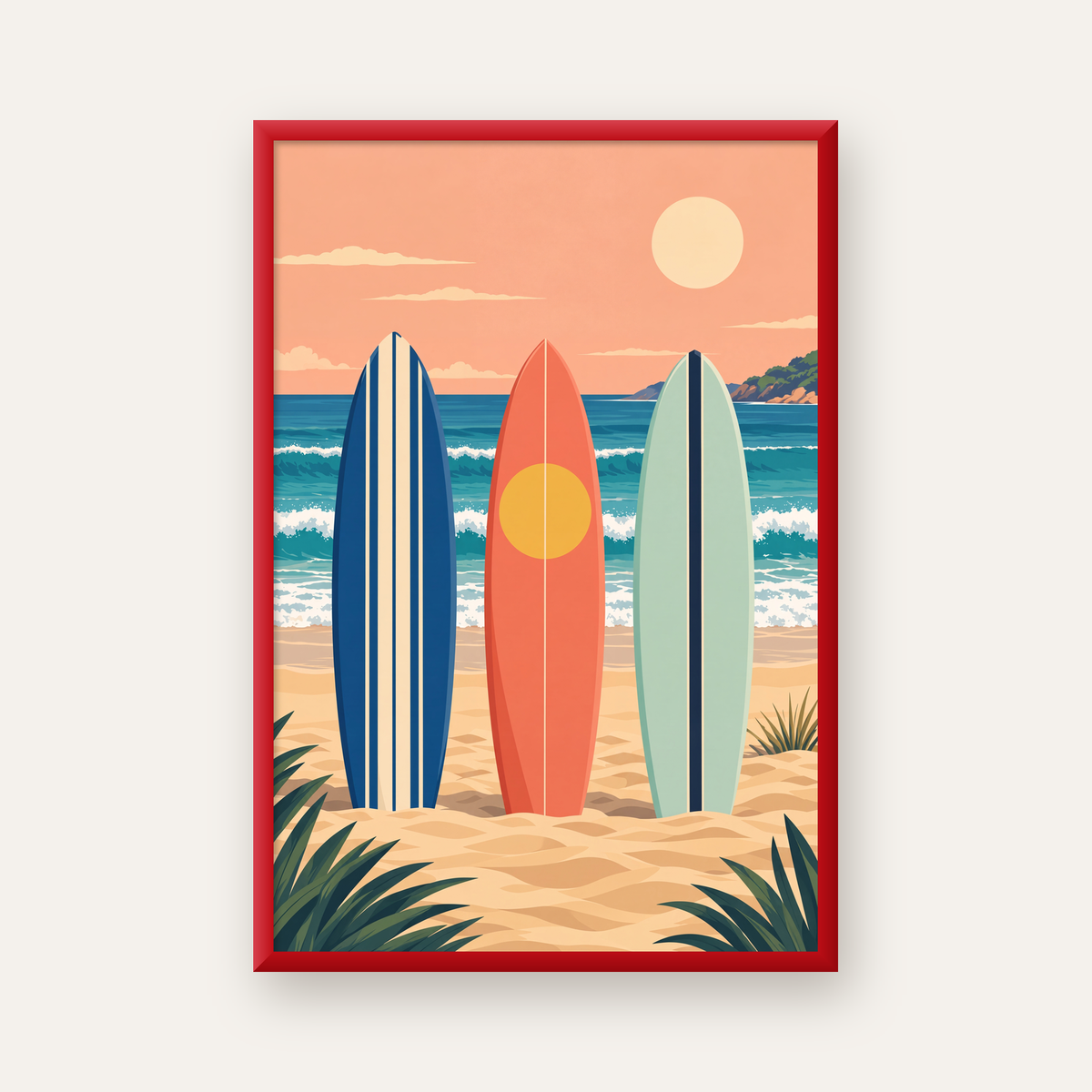 Retro Sörf Tahtaları ve Plaj Dijital Poster Baskı — kırmızı çerçeveli