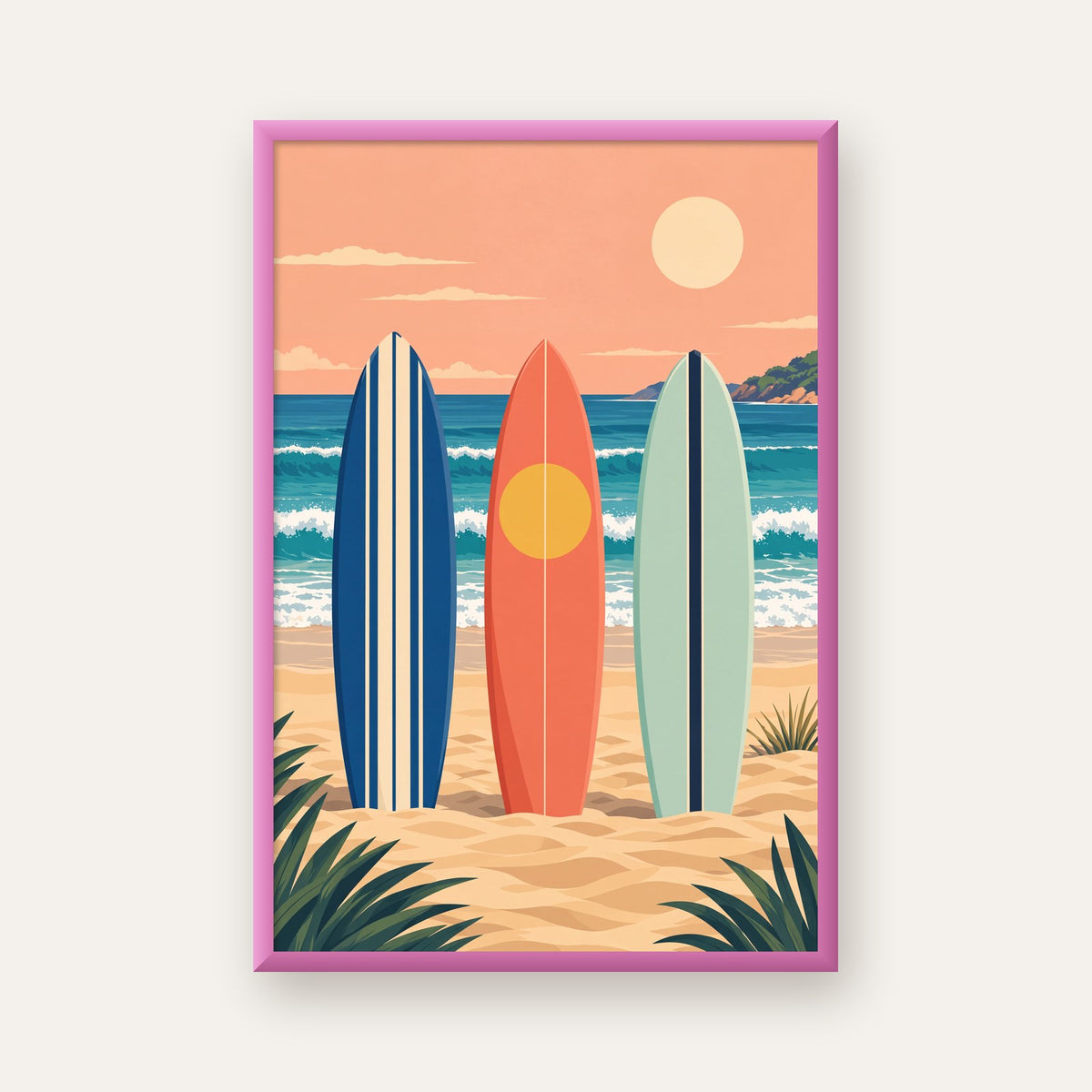 Retro Sörf Tahtaları ve Plaj Dijital Poster Baskı — pembe çerçeveli