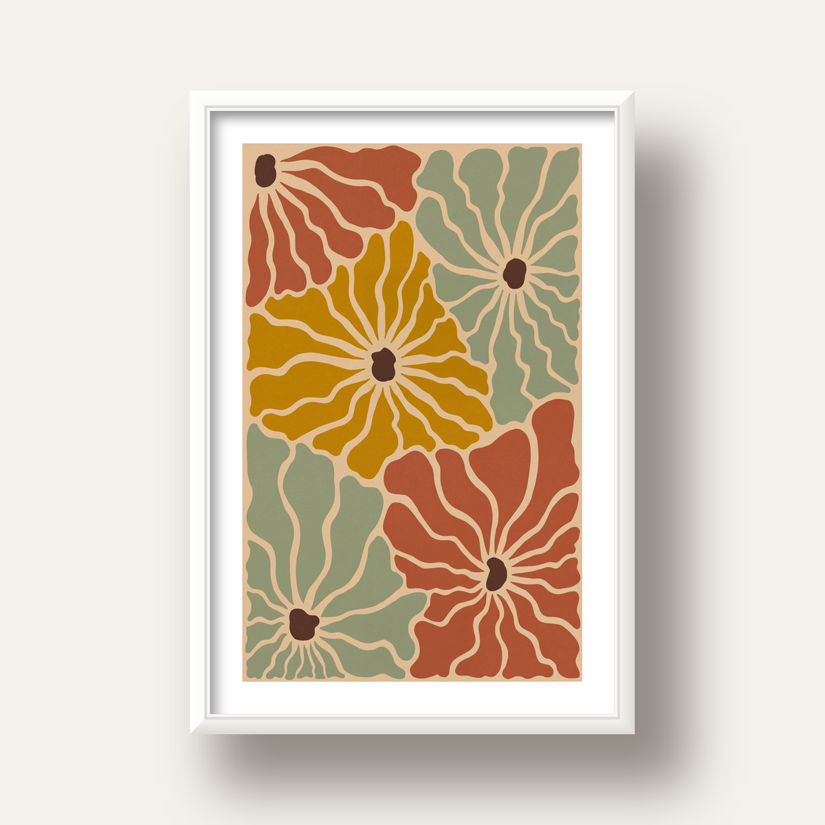 Retro Stilize Çiçek Desenli Poster – Modern Duvar Sanatı — beyaz derin çerçeveli paspartulu