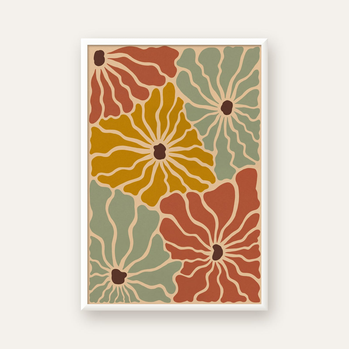 Retro Stilize Çiçek Desenli Poster – Modern Duvar Sanatı — beyaz çerçeveli dikey poster