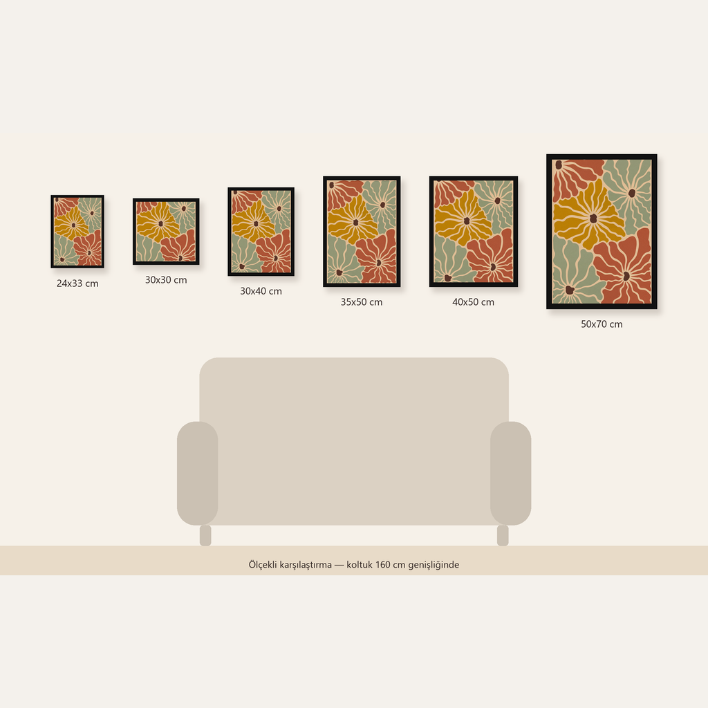 Retro Stilize Çiçek Desenli Poster – Modern Duvar Sanatı — 24×33 cm'den 50×70 cm'e, altı ölçünün karşılaştırması