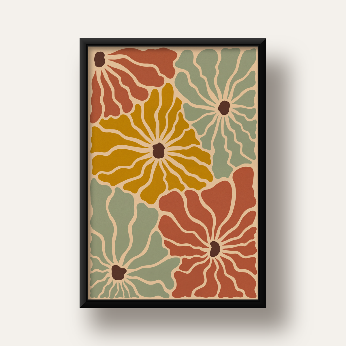 Retro Stilize Çiçek Desenli Poster – Modern Duvar Sanatı — siyah derin çerçeveli