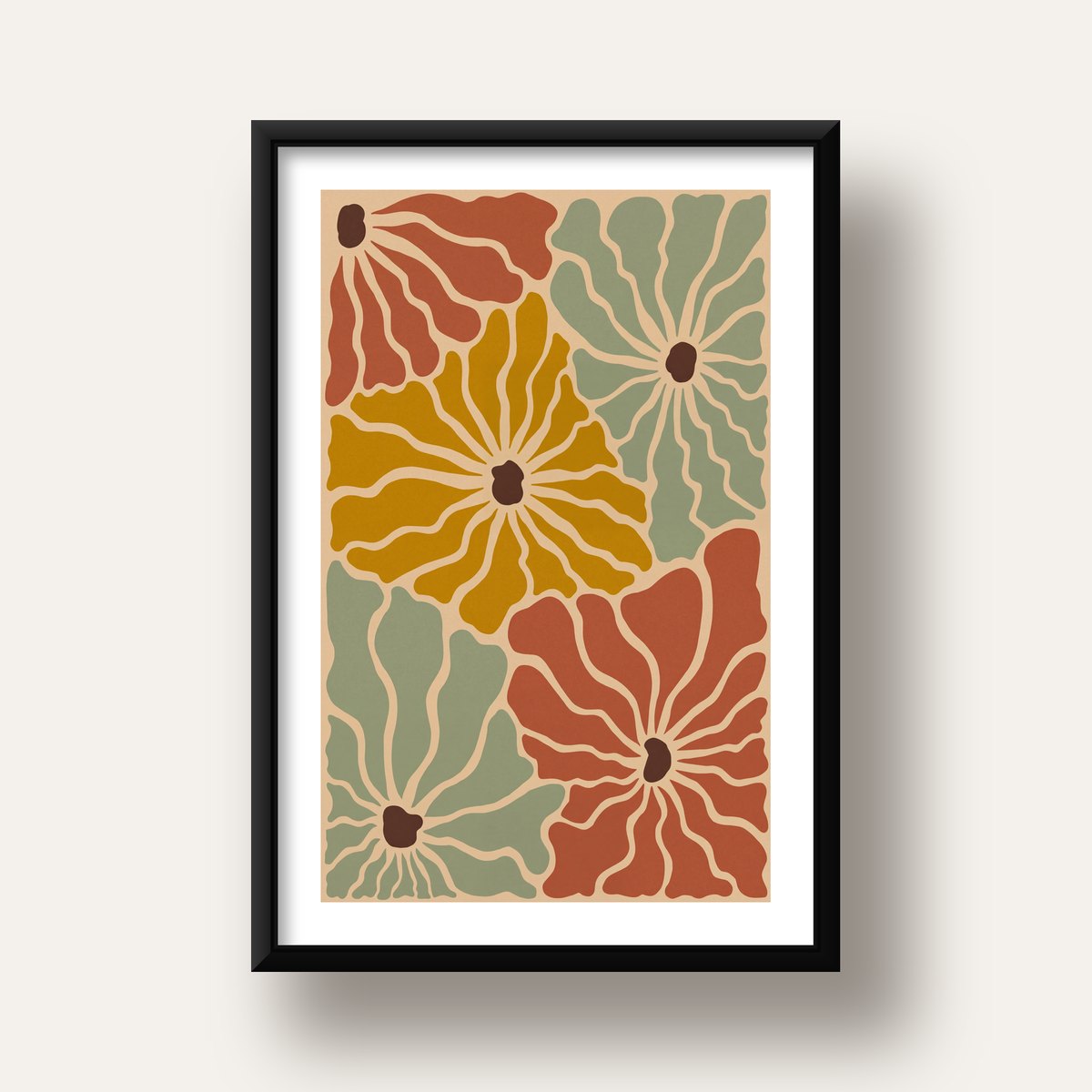 Retro Stilize Çiçek Desenli Poster – Modern Duvar Sanatı — siyah derin çerçeveli paspartulu