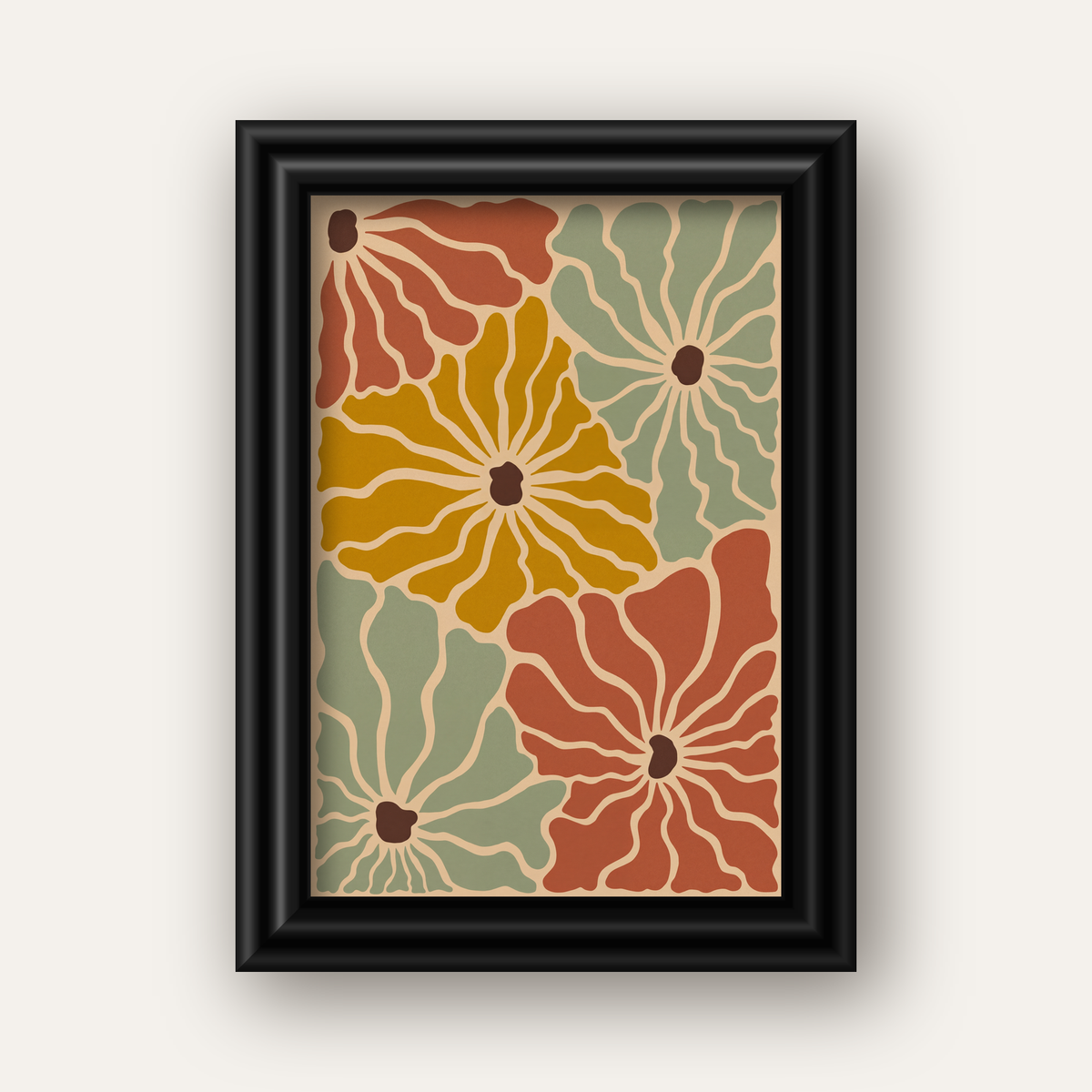 Retro Stilize Çiçek Desenli Poster – Modern Duvar Sanatı — siyah galeri çerçeveli
