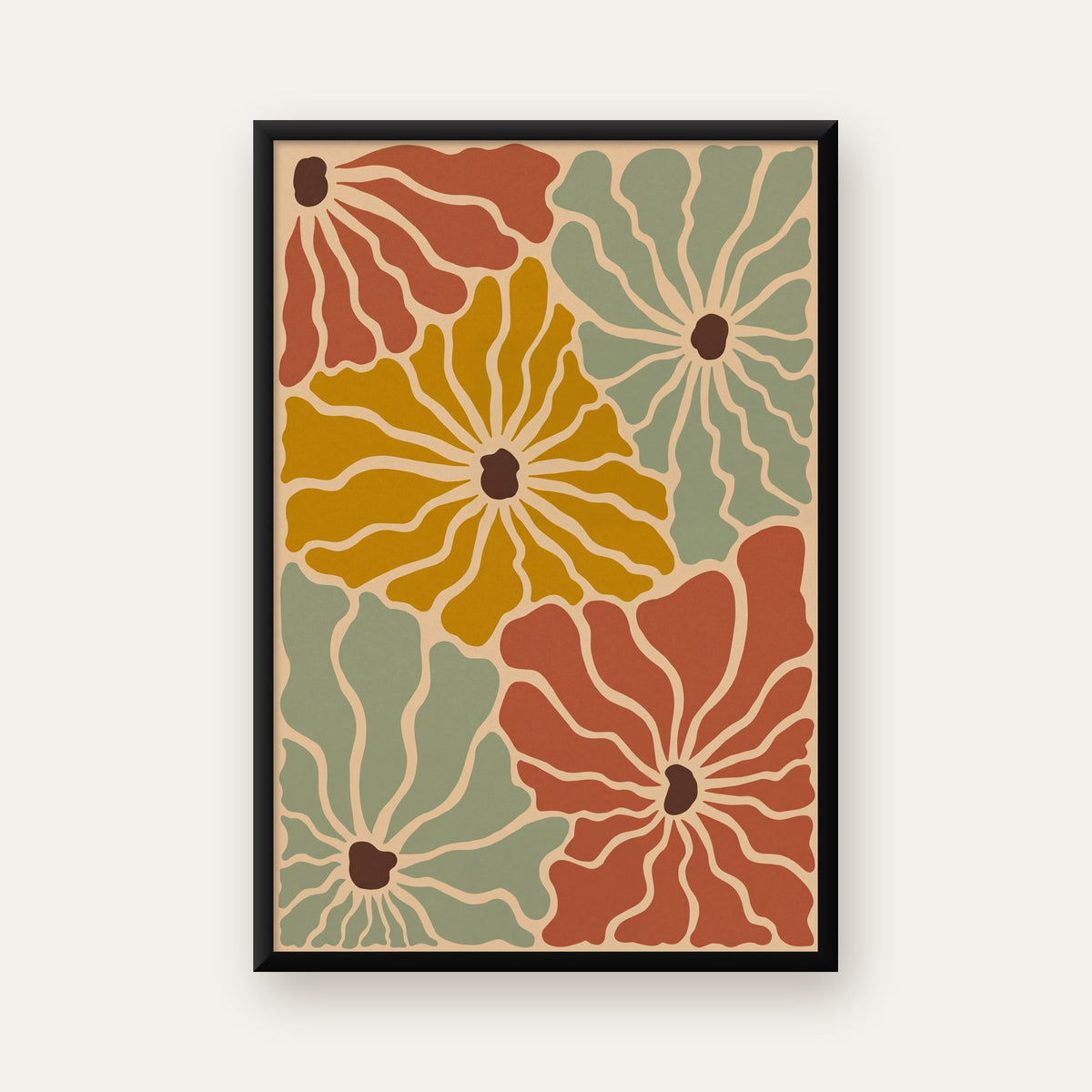 Retro Stilize Çiçek Desenli Poster – Modern Duvar Sanatı — ceviz çerçeveli