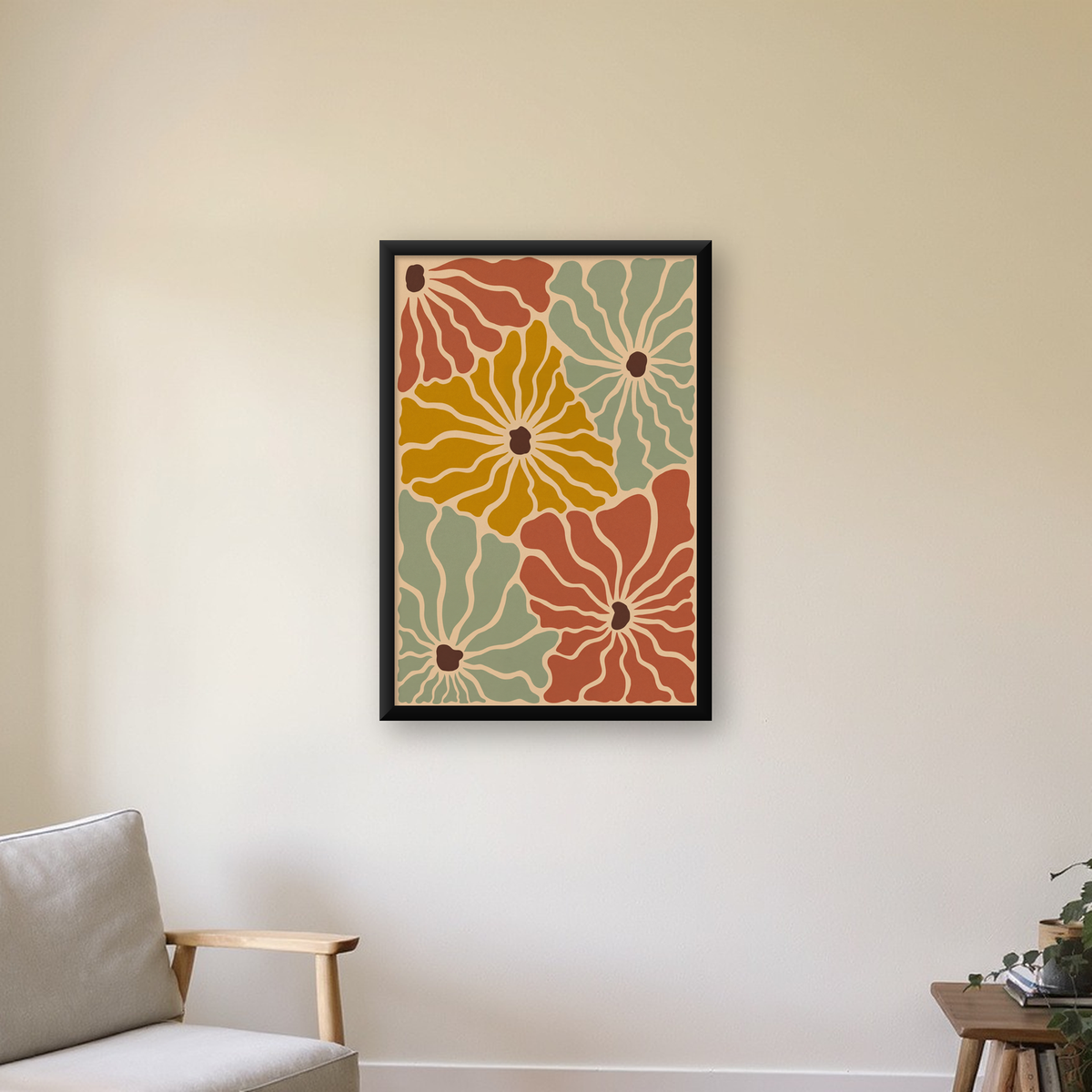 Retro Stilize Çiçek Desenli Poster – Modern Duvar Sanatı — duvarda, düz siyah çerçeveli