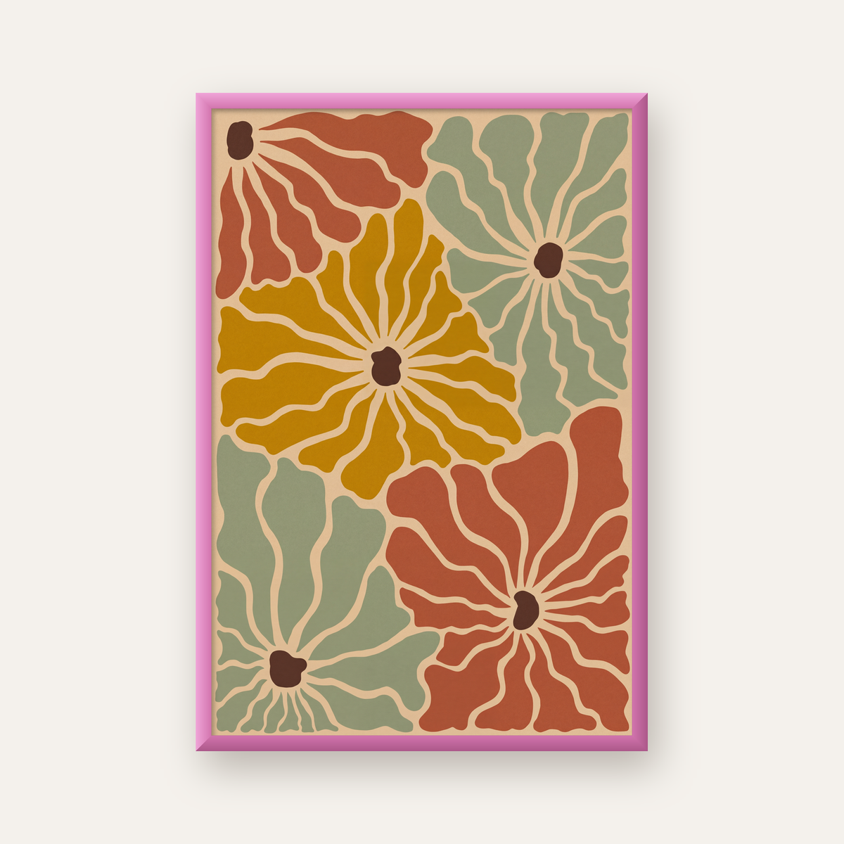 Retro Stilize Çiçek Desenli Poster – Modern Duvar Sanatı — pembe çerçeveli