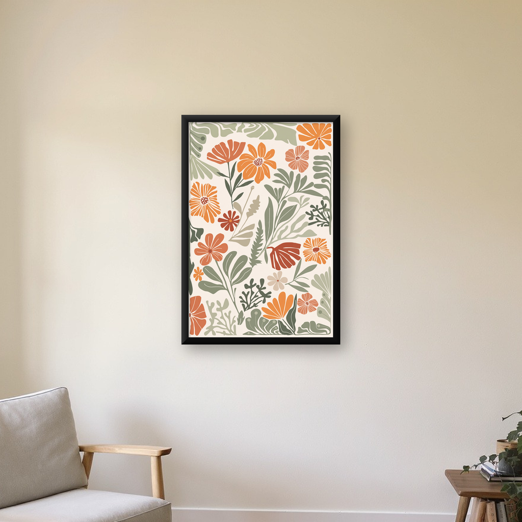 Retro Çiçek Desenli Linol Baskı Stil Poster — duvarda, düz siyah çerçeveli
