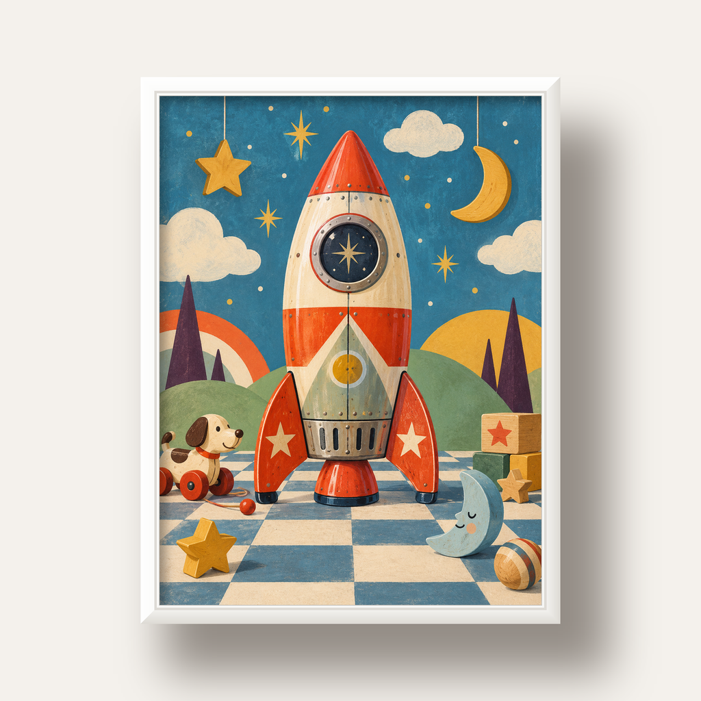 Retro Teneke Roket Çocuk Odası Posteri — beyaz derin çerçeveli