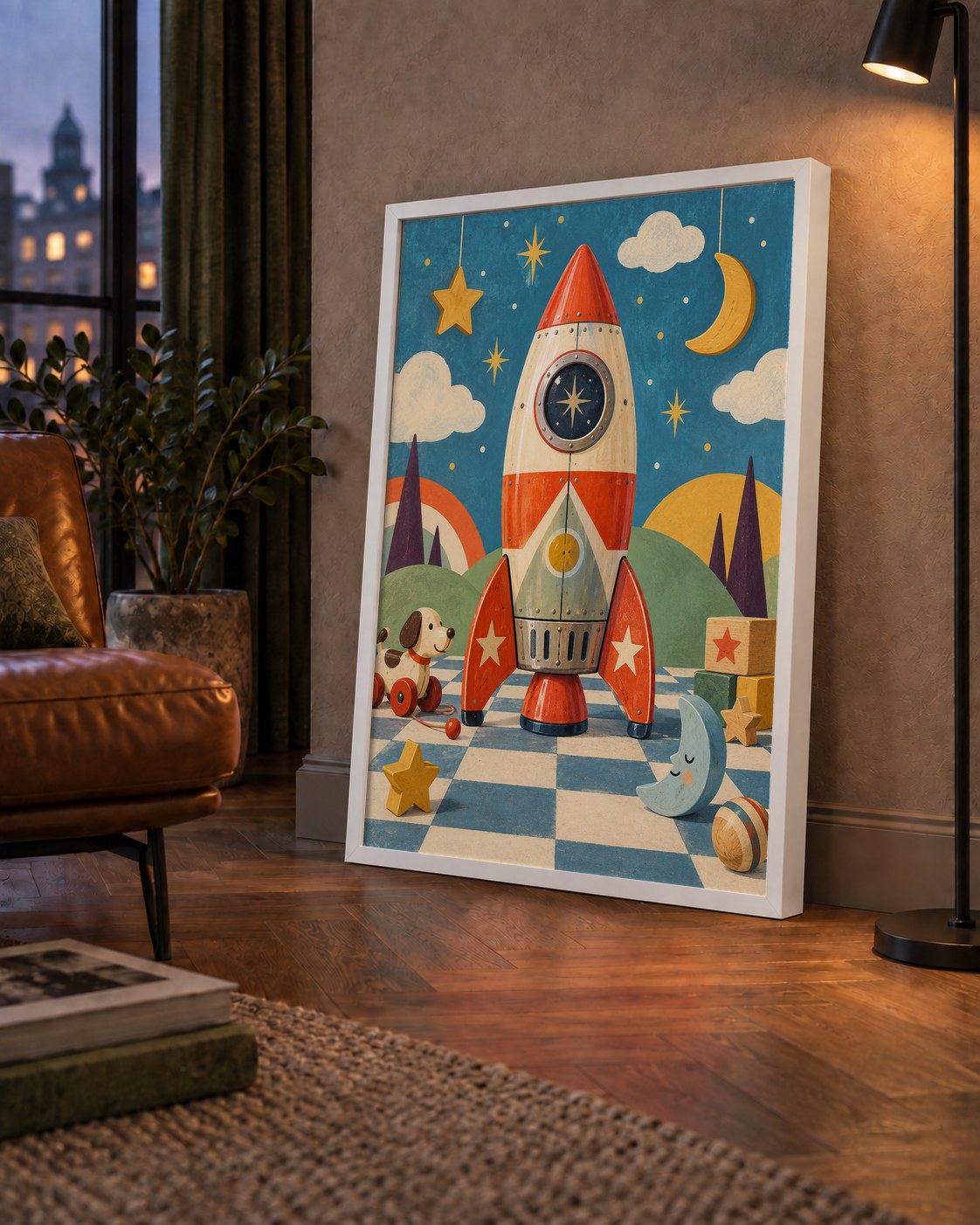 Retro Teneke Roket Çocuk Odası Posteri — çerçeveli hâliyle bir ev duvarında