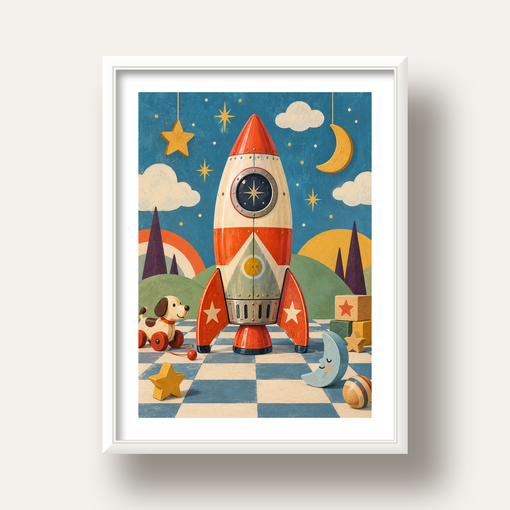 Retro Teneke Roket Çocuk Odası Posteri — beyaz derin çerçeveli paspartulu