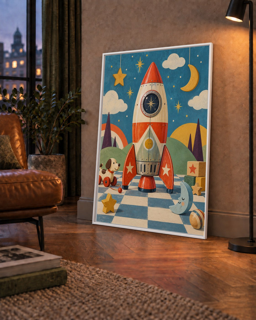 Retro Teneke Roket Çocuk Odası Posteri — çerçeveli hâliyle bir ev duvarında