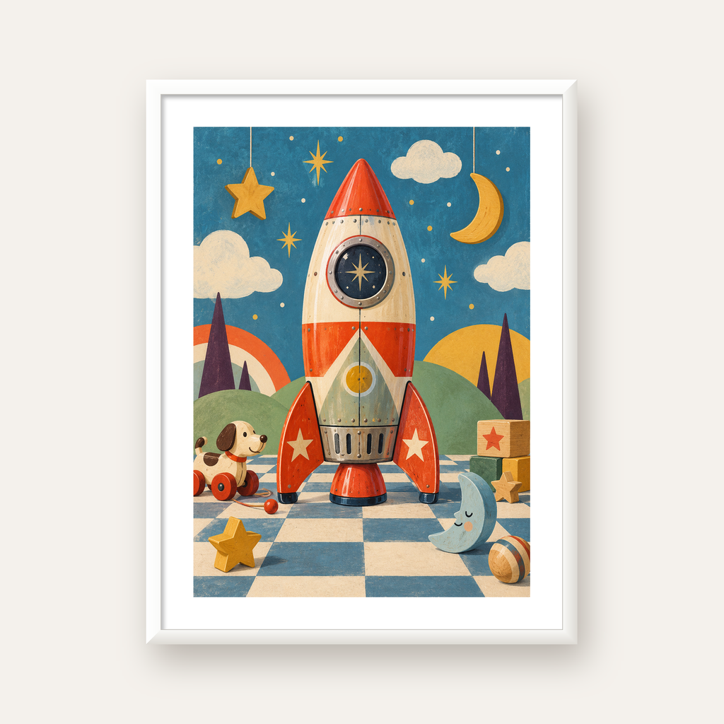 Retro Teneke Roket Çocuk Odası Posteri — beyaz çerçeveli dikey poster