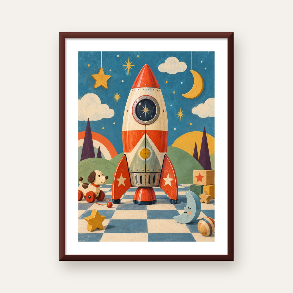Retro Teneke Roket Çocuk Odası Posteri — ceviz çerçeveli paspartulu