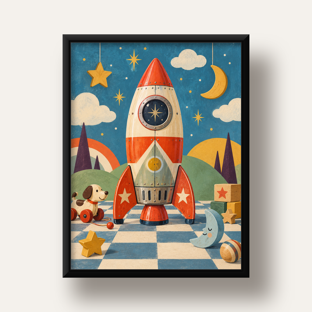 Retro Teneke Roket Çocuk Odası Posteri — siyah derin çerçeveli