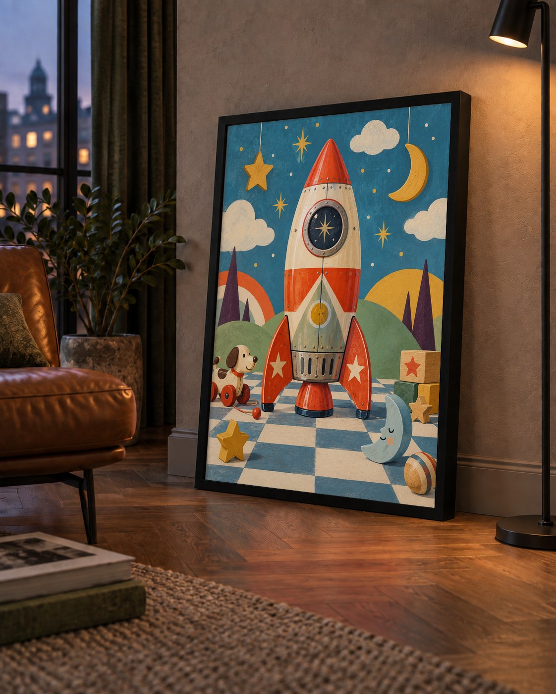 Retro Teneke Roket Çocuk Odası Posteri — çerçeveli hâliyle bir ev duvarında