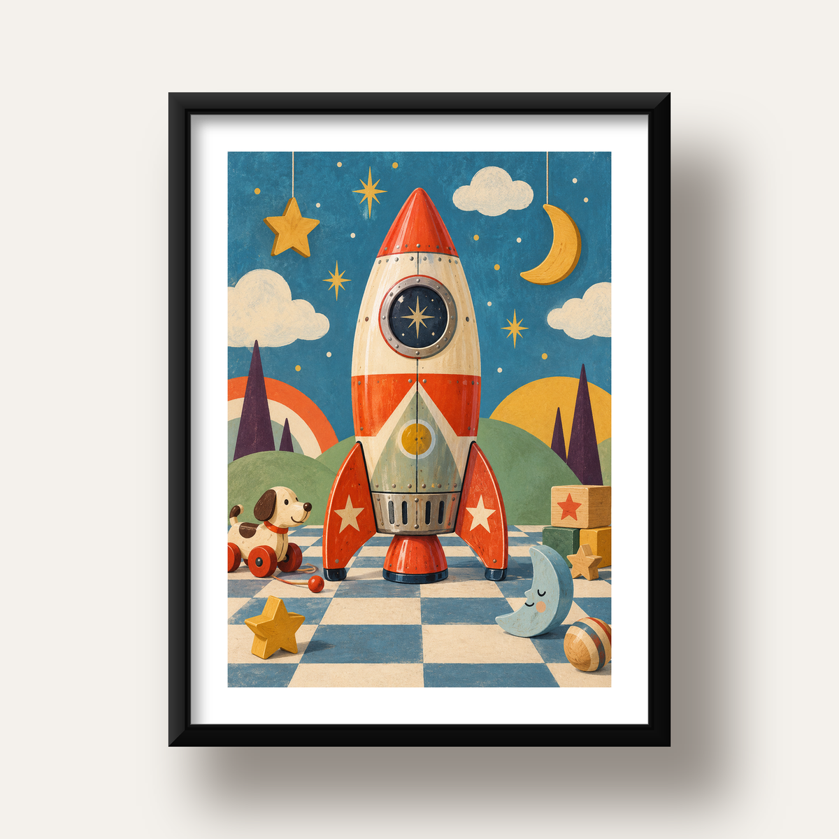 Retro Teneke Roket Çocuk Odası Posteri — siyah derin çerçeveli paspartulu