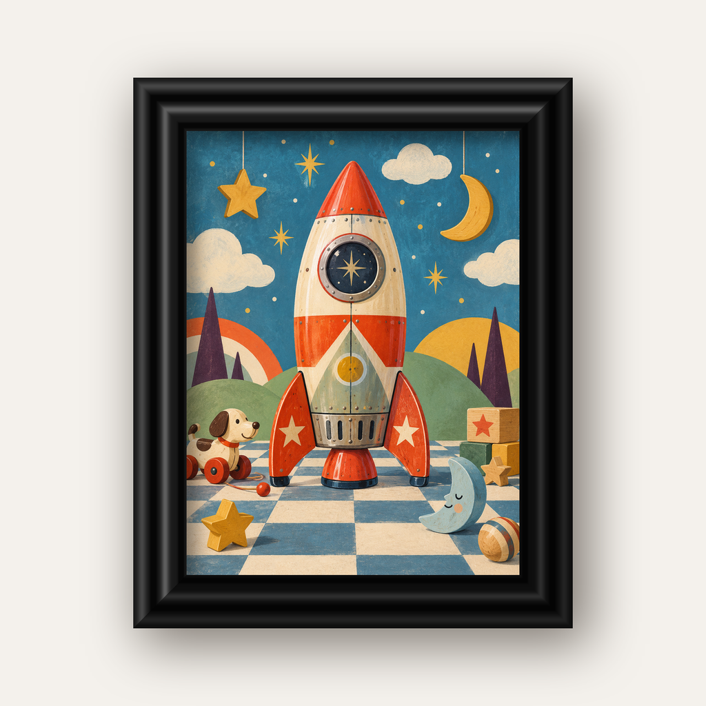 Retro Teneke Roket Çocuk Odası Posteri — siyah galeri çerçeveli