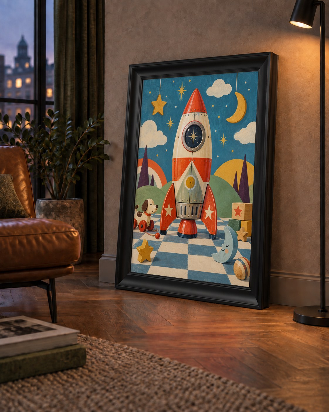 Retro Teneke Roket Çocuk Odası Posteri — çerçeveli hâliyle bir ev duvarında