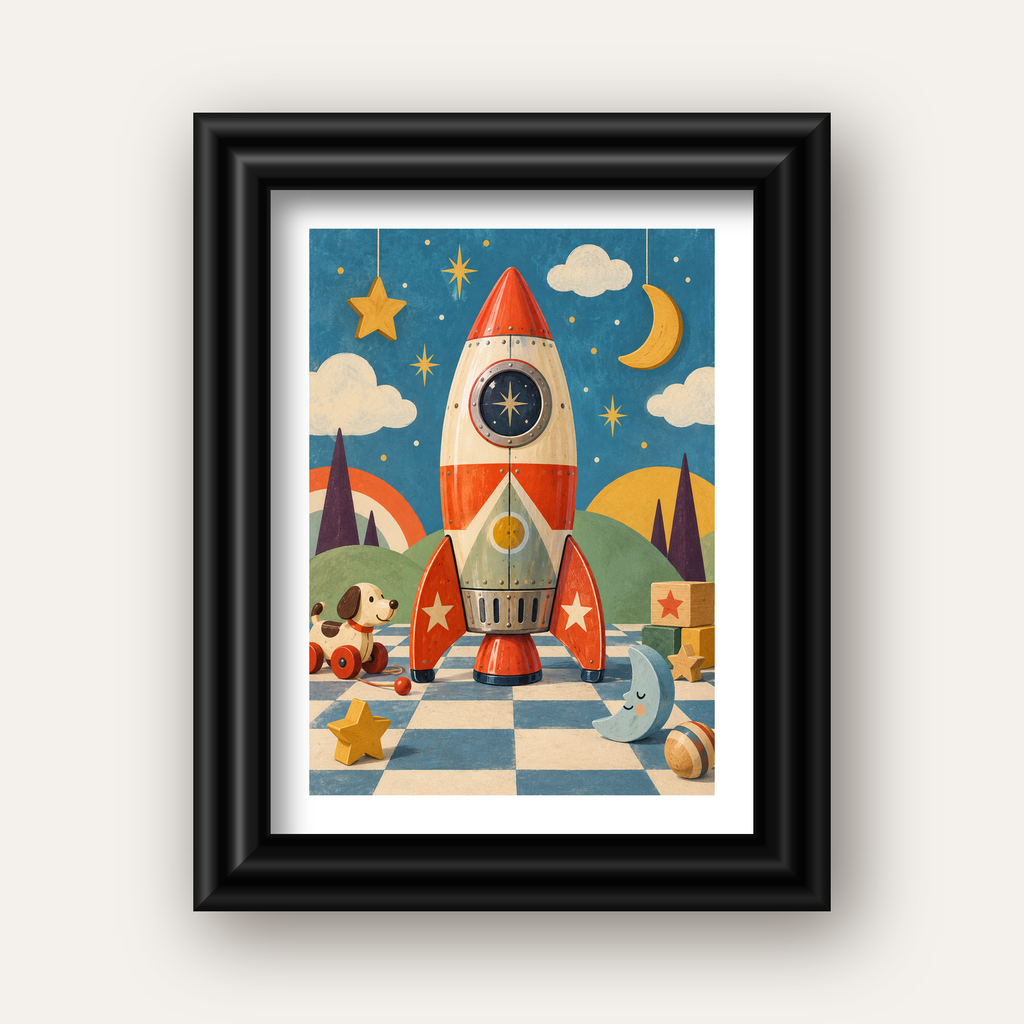 Retro Teneke Roket Çocuk Odası Posteri — siyah galeri çerçeveli paspartulu