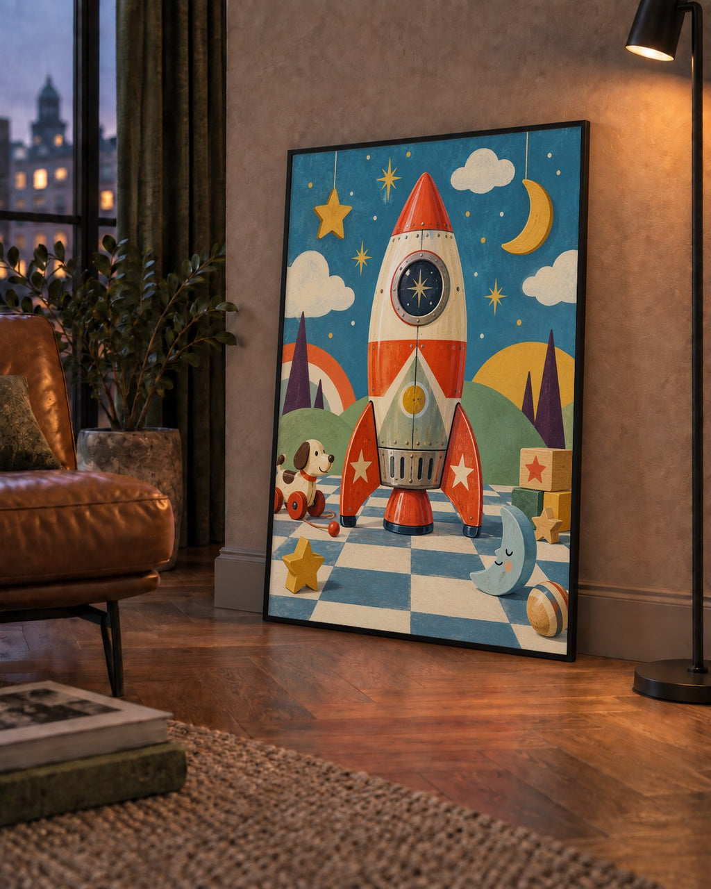 Retro Teneke Roket Çocuk Odası Posteri — çerçeveli hâliyle bir ev duvarında