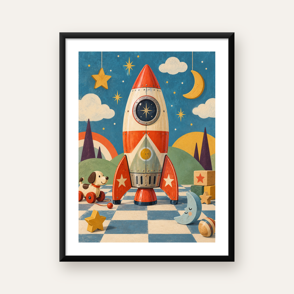 Nostaljik Roket ve Oyuncaklar Çocuk Odası Poster Sanatı — Dikey baskı, beyaz kenar boşluklu