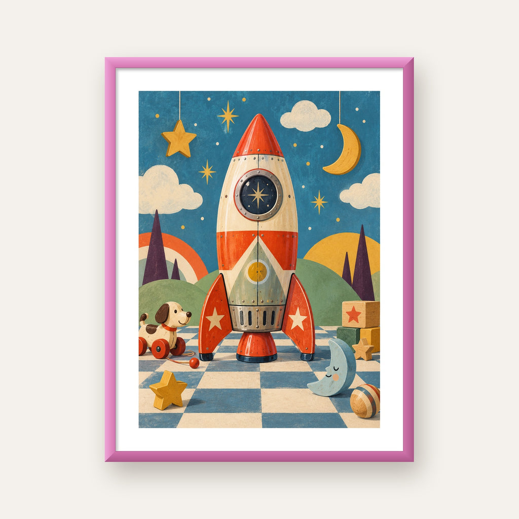 Retro Teneke Roket Çocuk Odası Posteri — pembe çerçeveli paspartulu