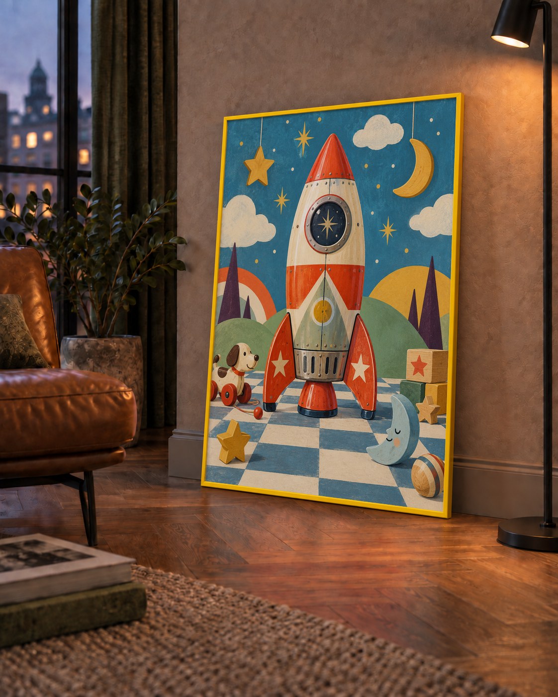 Retro Teneke Roket Çocuk Odası Posteri — çerçeveli hâliyle bir ev duvarında