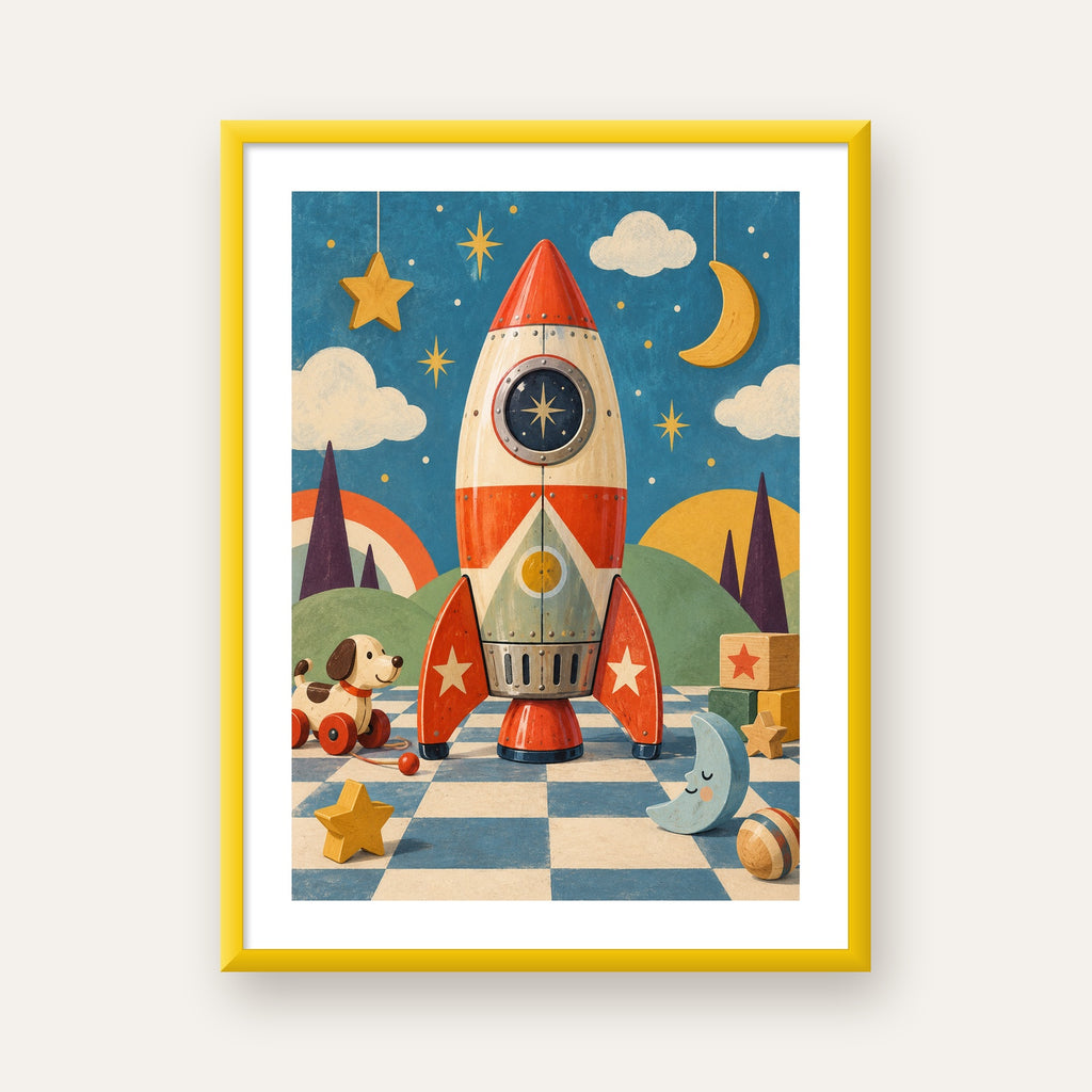 Retro Teneke Roket Çocuk Odası Posteri — sarı çerçeveli paspartulu