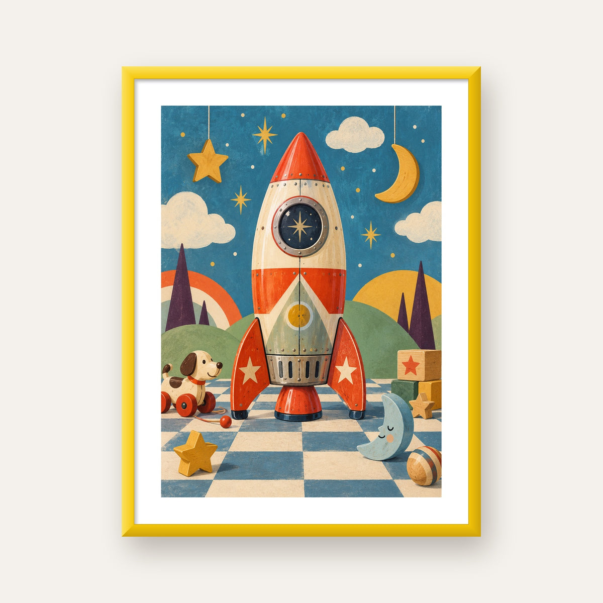 Retro Teneke Roket Çocuk Odası Posteri — sarı çerçeveli paspartulu
