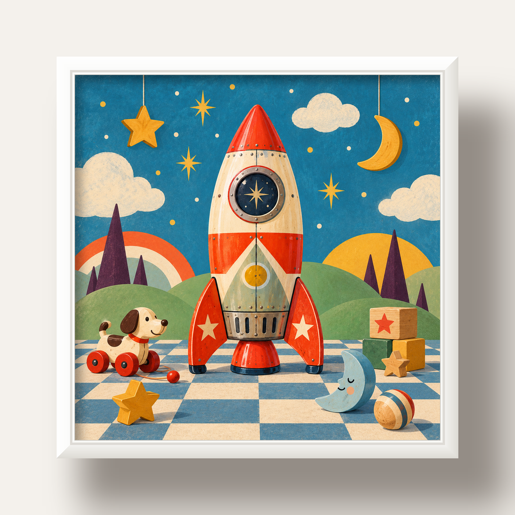 Retro Teneke Roket Çocuk Odası Posteri — beyaz derin çerçeveli