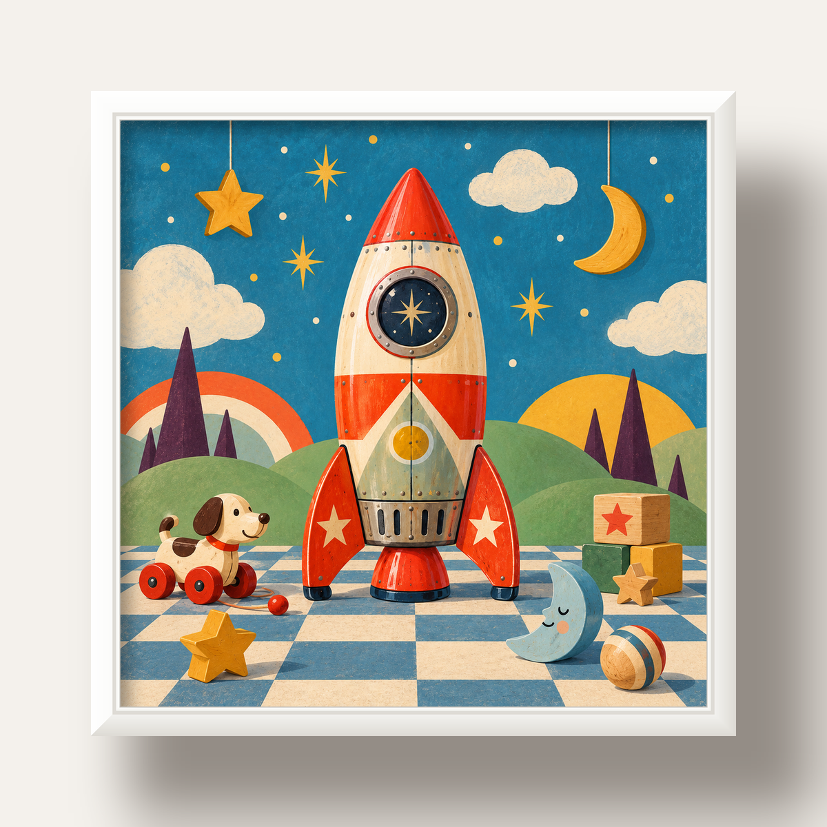 Retro Teneke Roket Çocuk Odası Posteri — beyaz derin çerçeveli