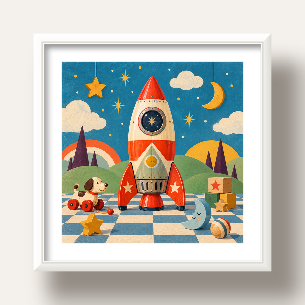 Retro Teneke Roket Çocuk Odası Posteri — beyaz derin çerçeveli paspartulu
