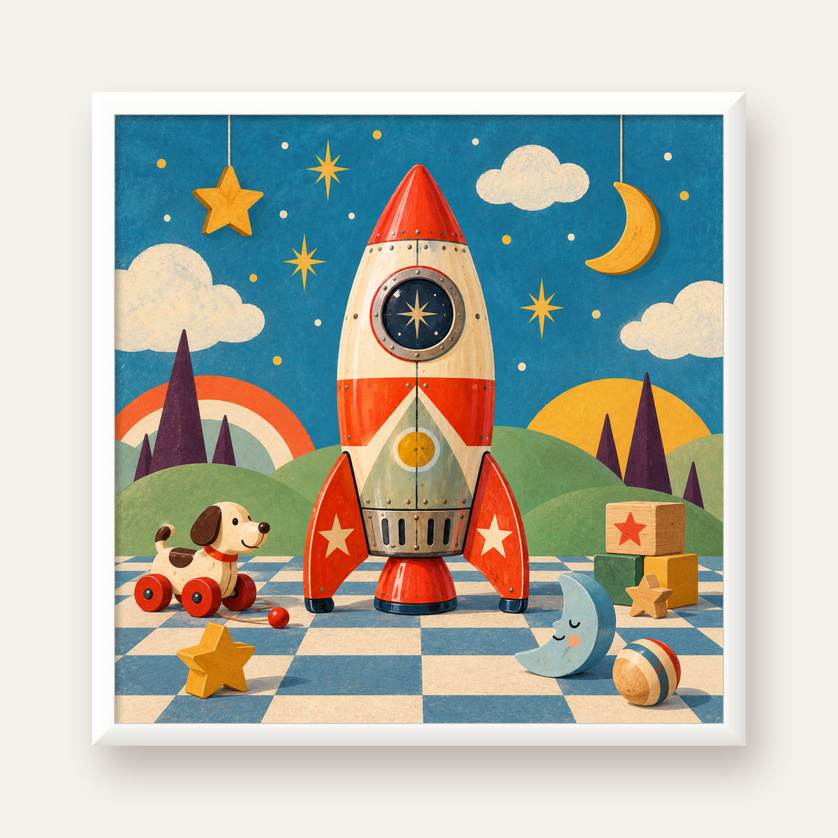 Retro Teneke Roket Çocuk Odası Posteri — beyaz çerçeveli kare poster
