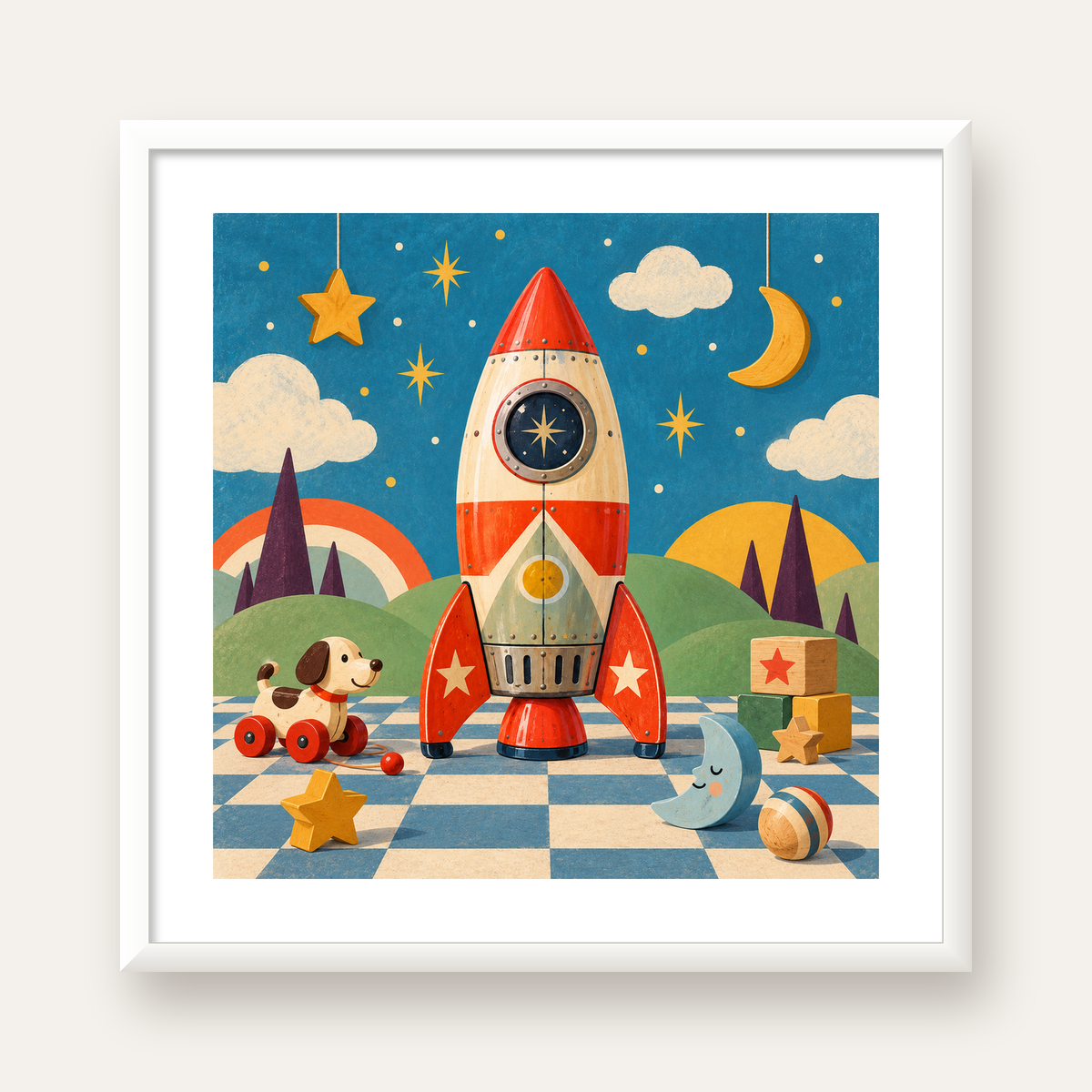 Retro Teneke Roket Çocuk Odası Posteri — beyaz çerçeveli kare poster