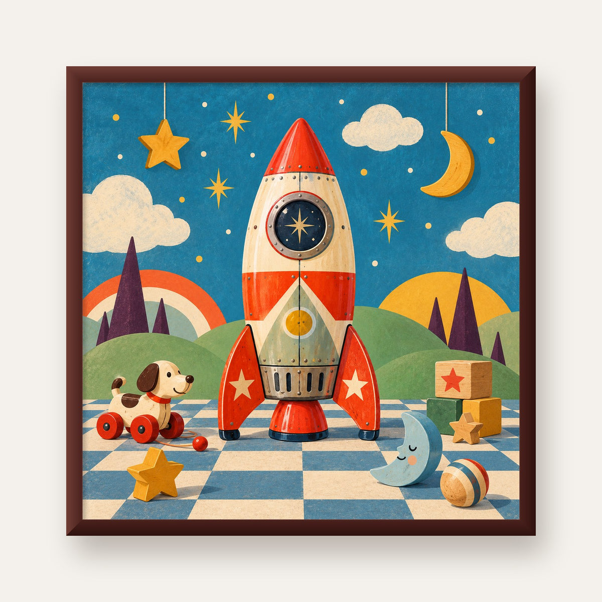 Retro Teneke Roket Çocuk Odası Posteri — ceviz çerçeveli