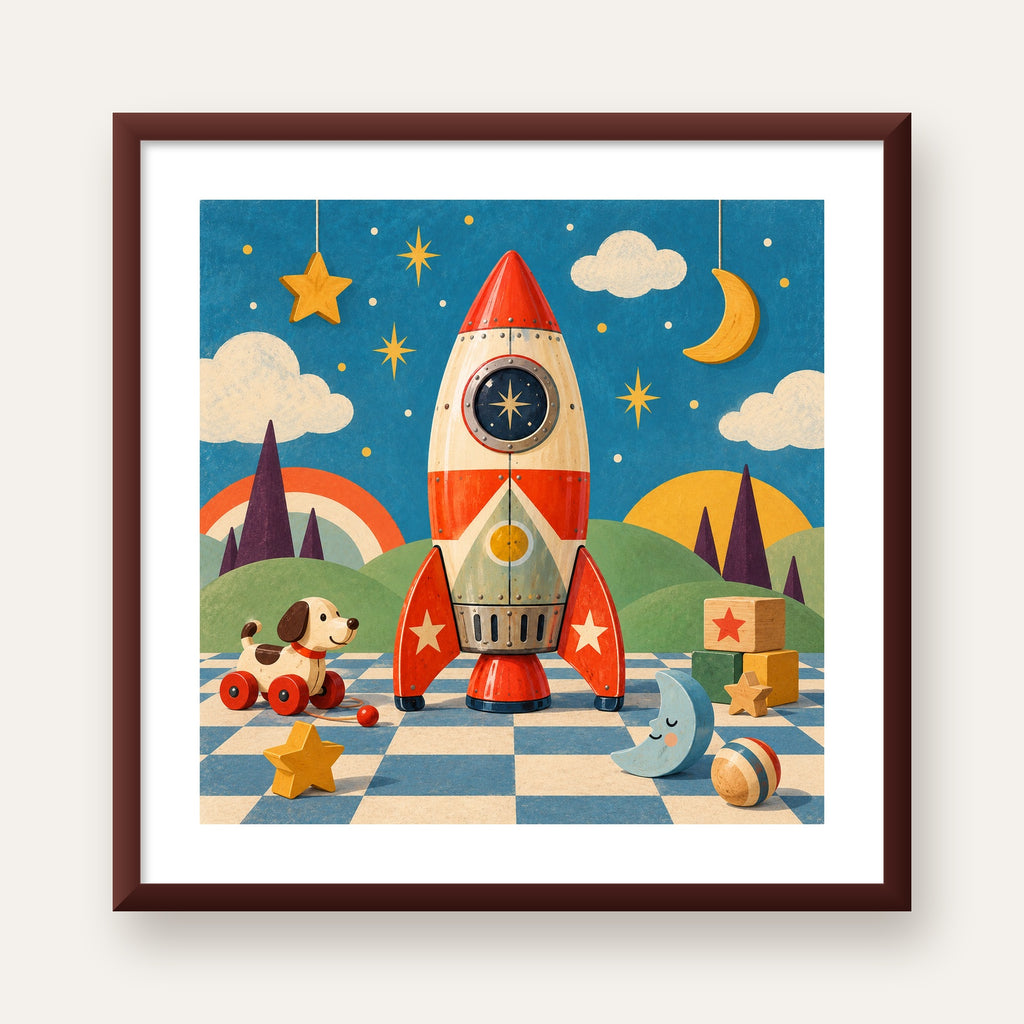 Retro Teneke Roket Çocuk Odası Posteri — ceviz çerçeveli paspartulu