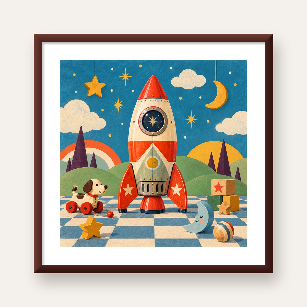 Retro Teneke Roket Çocuk Odası Posteri — ceviz çerçeveli paspartulu