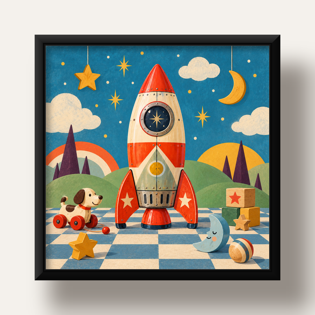 Retro Teneke Roket Çocuk Odası Posteri — siyah derin çerçeveli