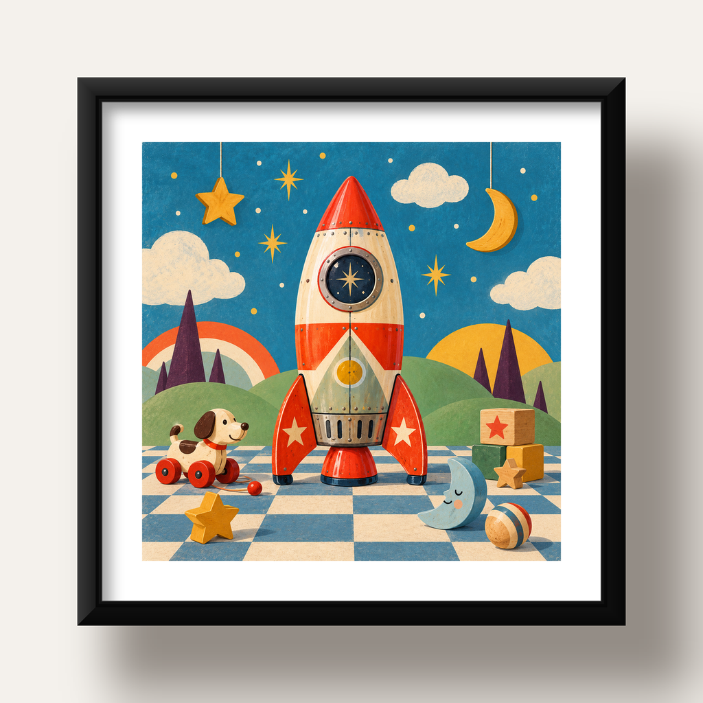 Retro Teneke Roket Çocuk Odası Posteri — siyah derin çerçeveli paspartulu