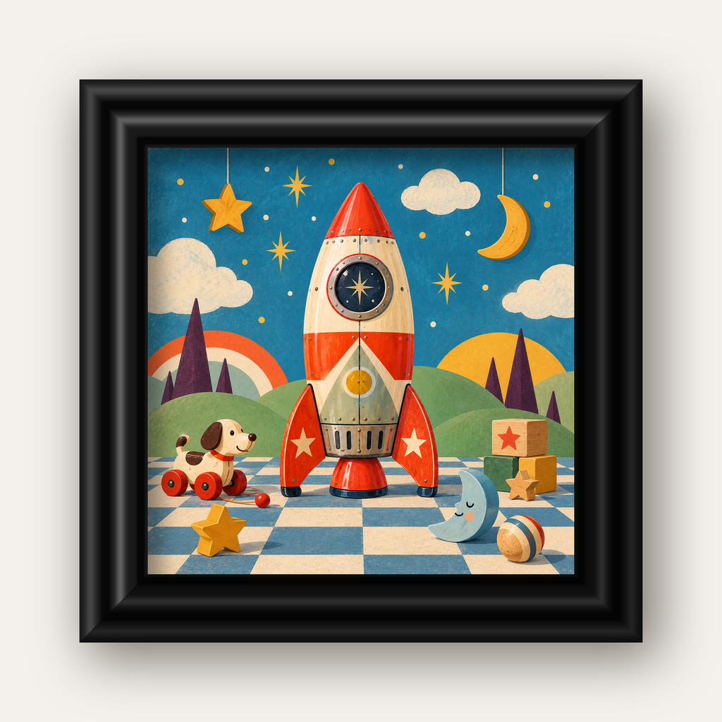 Retro Teneke Roket Çocuk Odası Posteri — siyah galeri çerçeveli